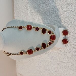 MONET Elegant Gold and Burgundy Earrings & Necklace